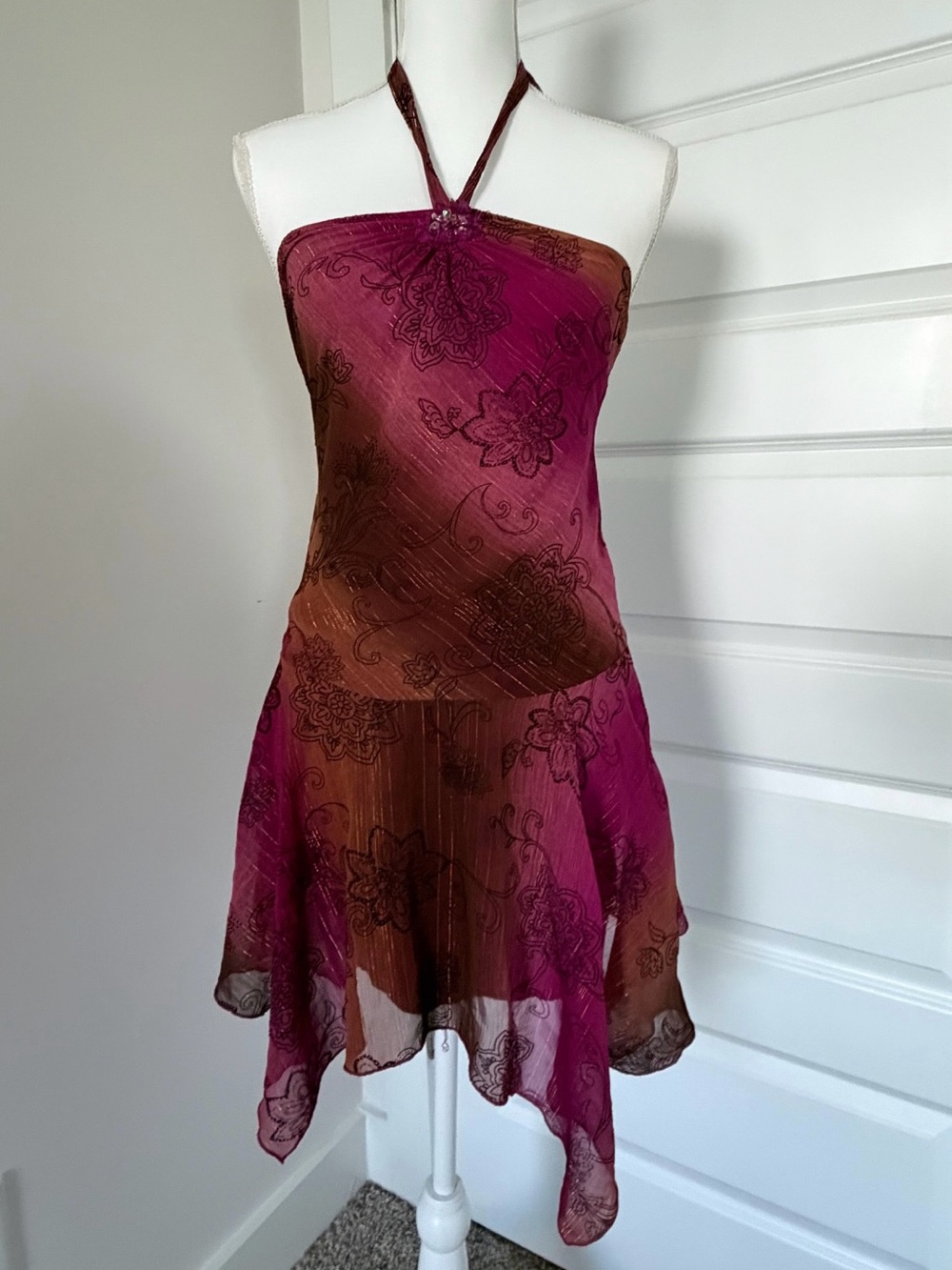 Vintage She's Me Brown Pink Floral Halter
Handkerchief Mini Dress